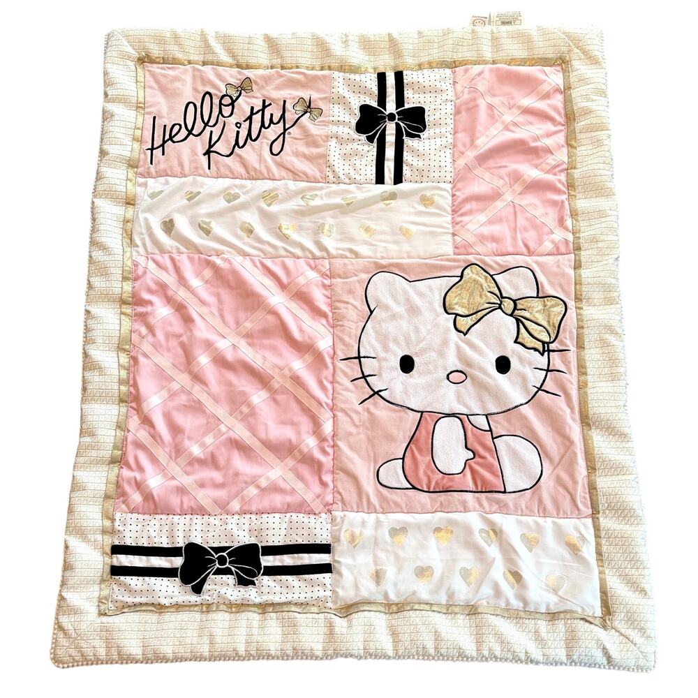 Lambs & Ivy Hello Kitty & Friends Crib Quilt Blanket Pastel Pink Gold 36" x 45"